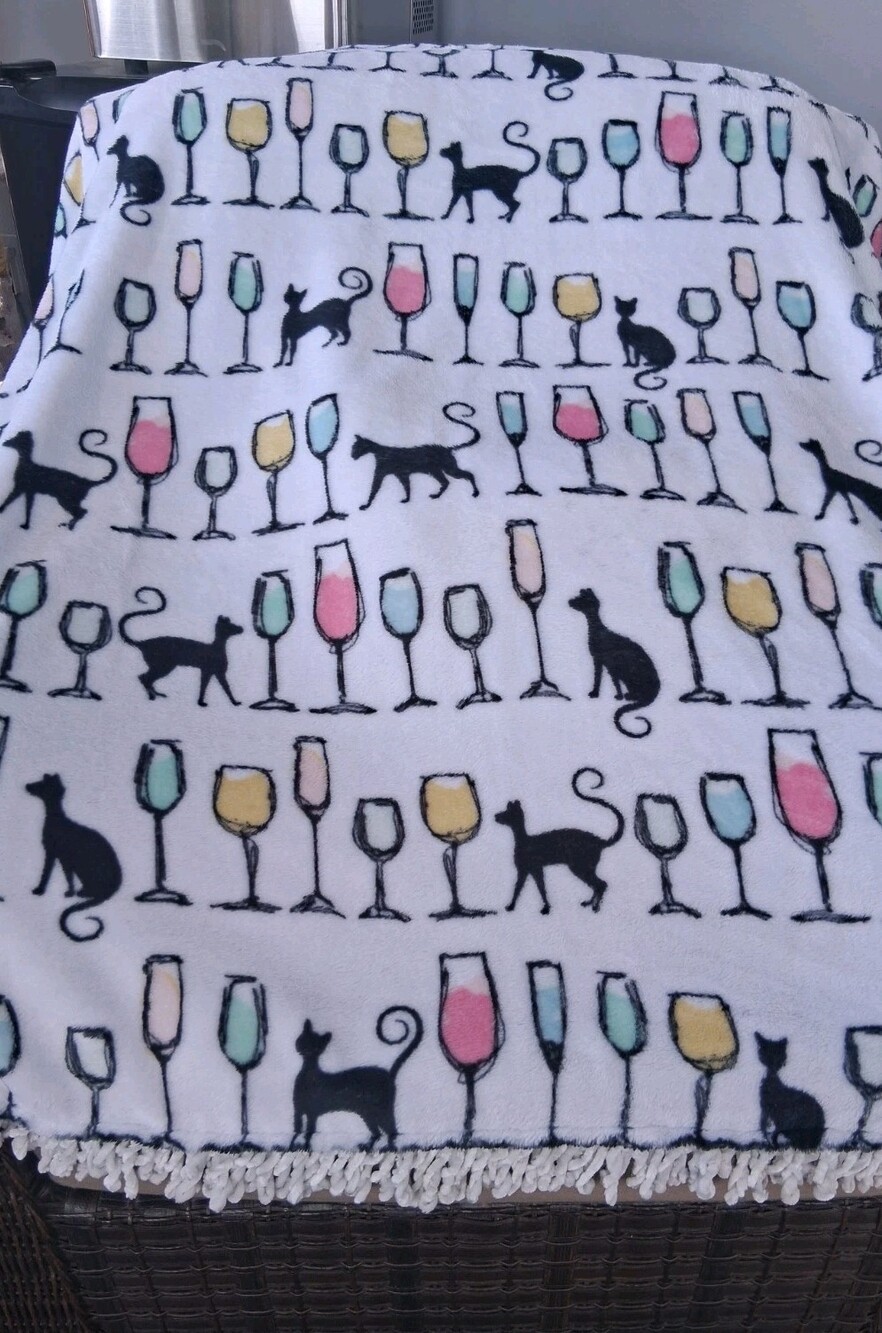 'Berkshire' Brand Blanket Throw w/Chenille Fringe + Black Cat/Wine Glass Design